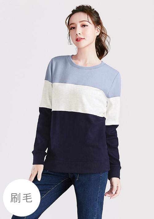 保暖.MIT永續環保材質-配色刷毛大學T