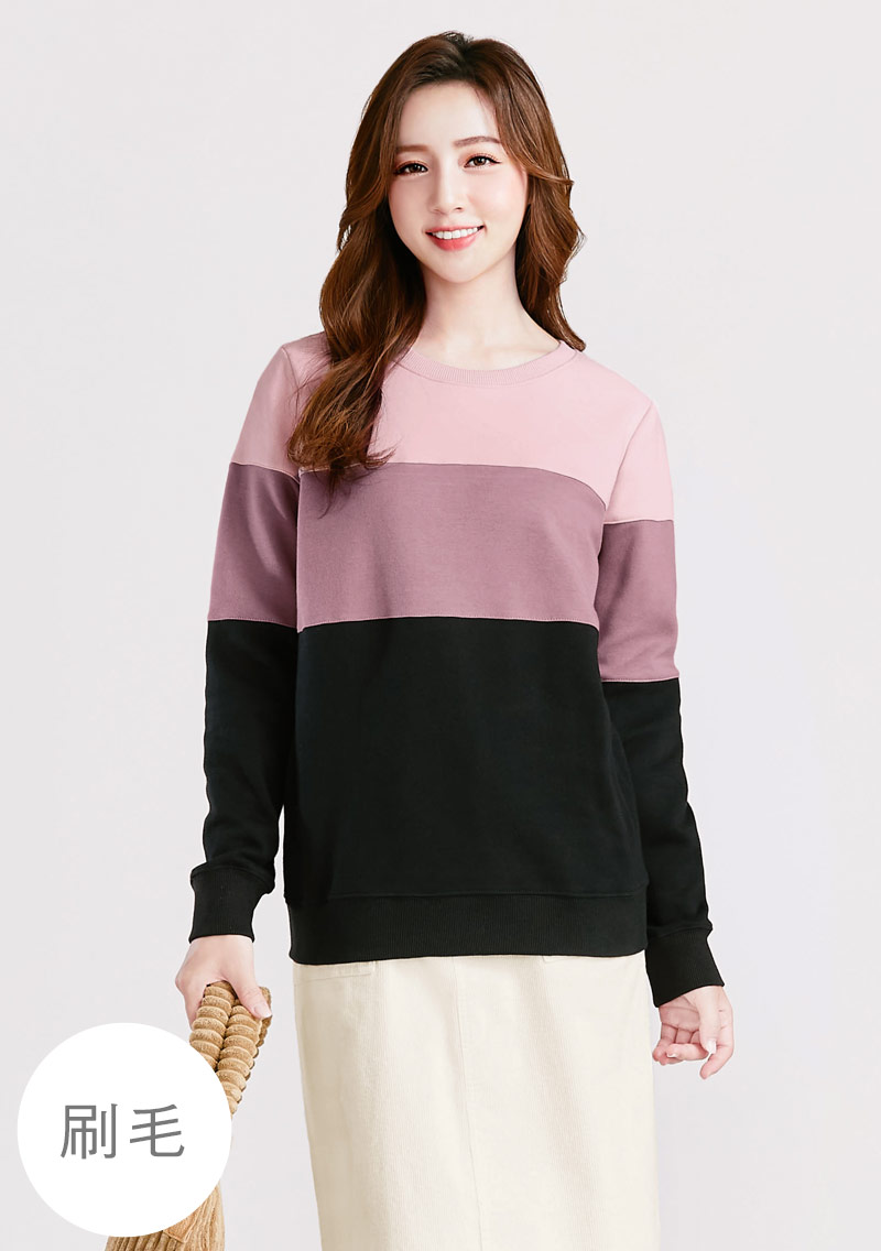 保暖.MIT永續環保材質-配色刷毛大學T