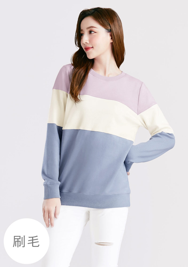 保暖.MIT永續環保材質-配色刷毛大學T