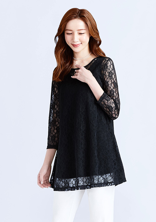 蕾絲兩件式七分袖長版上衣