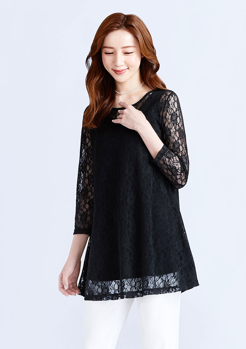 蕾絲兩件式七分袖長版上衣