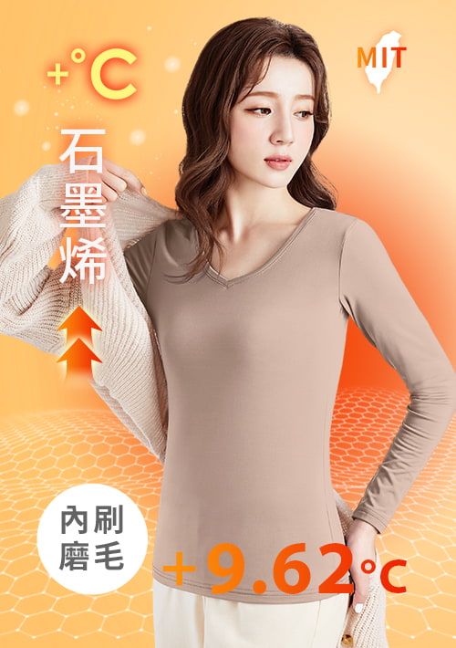 +℃ 超極暖.石墨烯.V領發熱衣【任選二‧260件】升溫內磨毛發熱衣