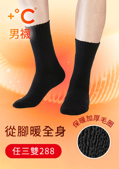 +℃ 超極暖.石墨烯抗菌發熱加厚毛圈中筒襪-男