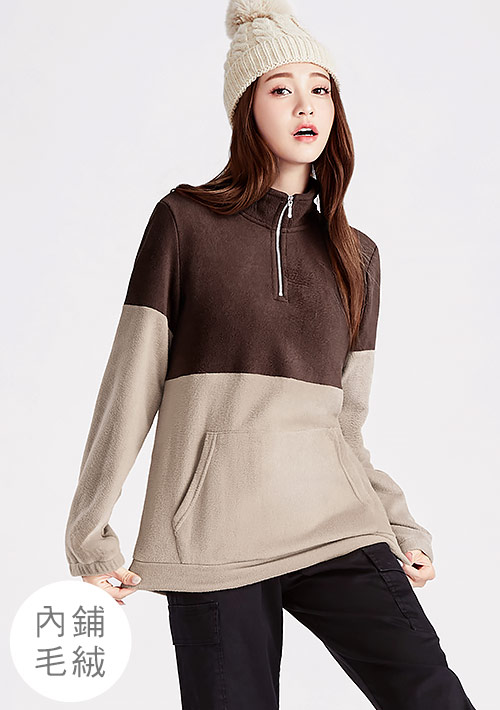 保暖.MIT永續環保材質-Fleece毛絨半開襟配色上衣