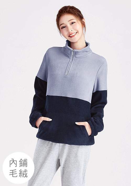 保暖.MIT永續環保材質-Fleece毛絨半開襟配色上衣