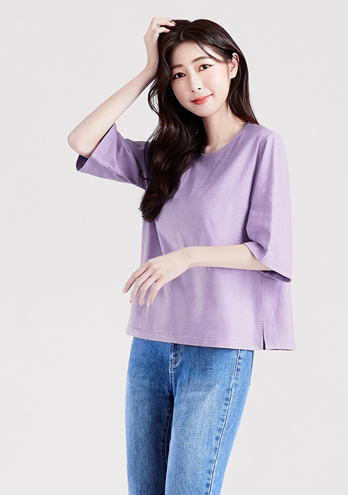 竹節棉五分袖側開衩短上衣