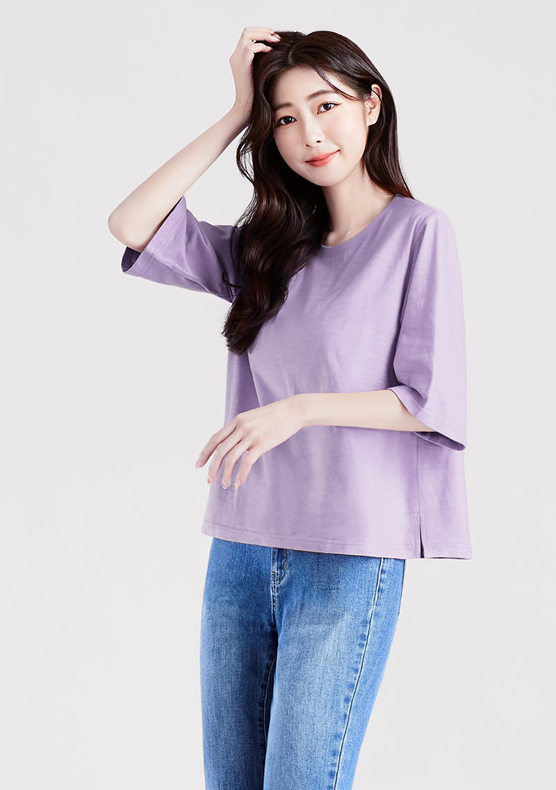 竹節棉五分袖側開衩短上衣