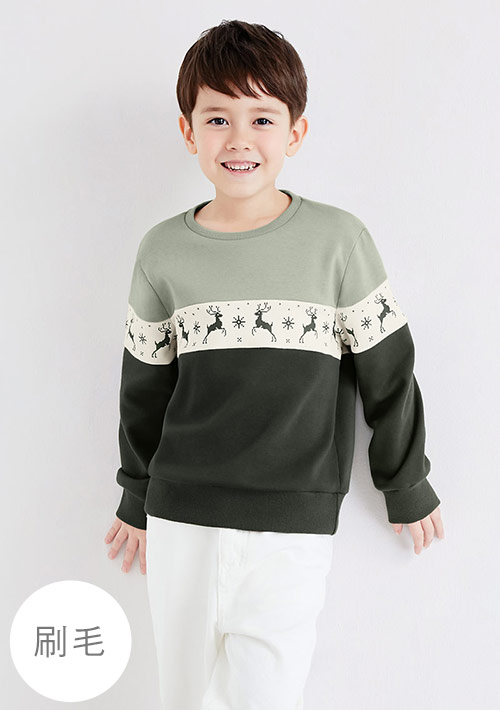 保暖.MIT永續環保材質-小鹿圖騰印花刷毛大學T