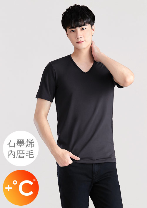 +℃ 超極暖.石墨烯.V領短袖發熱衣【HEATPUSH】升溫內磨毛發熱衣-男裝