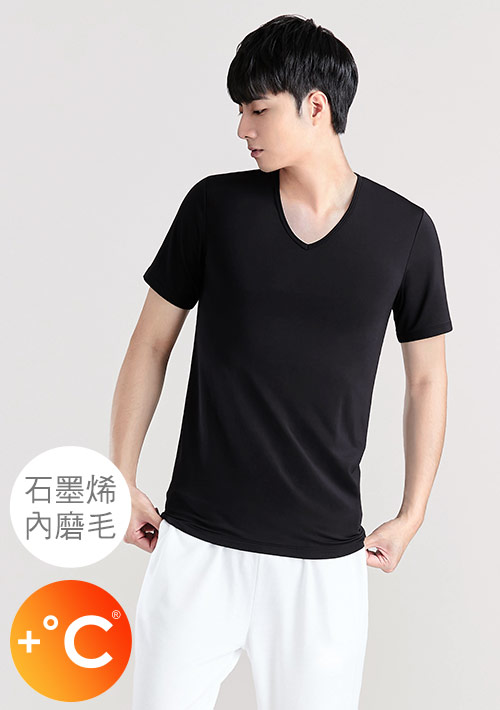 +℃ 超極暖.石墨烯.V領短袖發熱衣【HEATPUSH】升溫內磨毛發熱衣-男裝