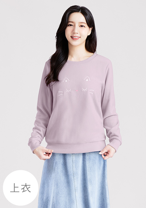 保暖.MIT永續環保材質-Fleece輕量保暖貓咪刺繡居家服