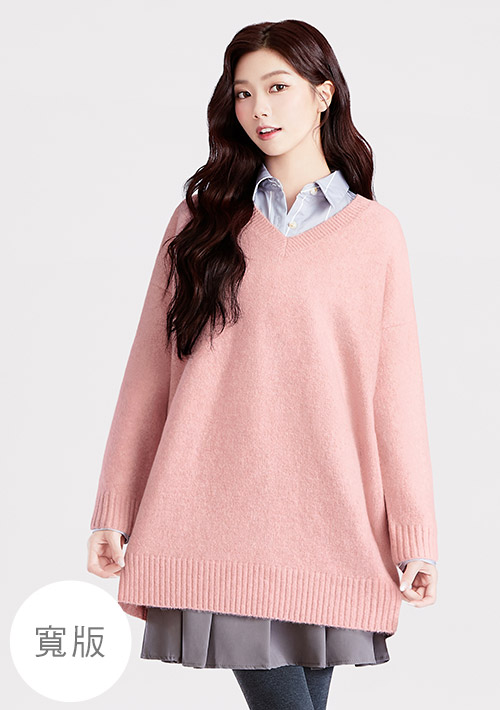 混羊毛V領長版毛衣