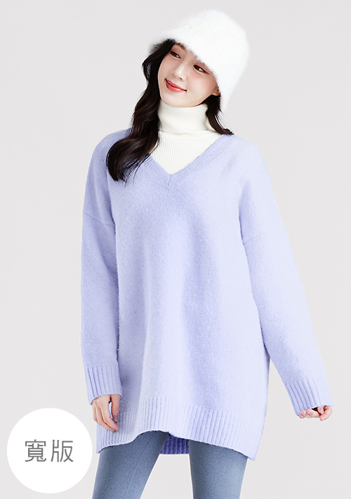 混羊毛V領長版毛衣