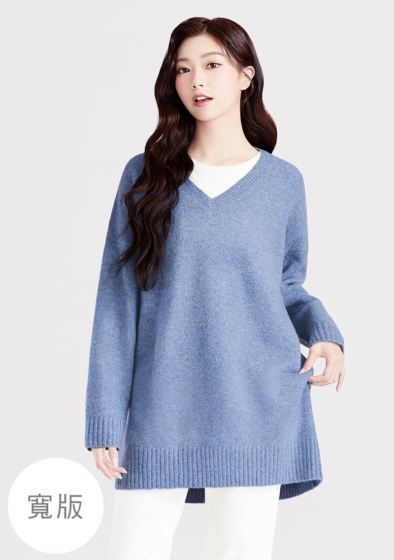 混羊毛V領長版毛衣