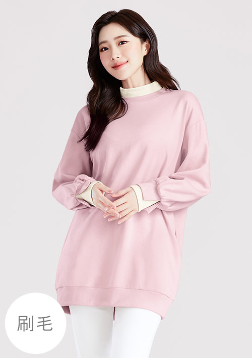 【限時$449】保暖.MIT永續環保材質-配色刷毛長版上衣