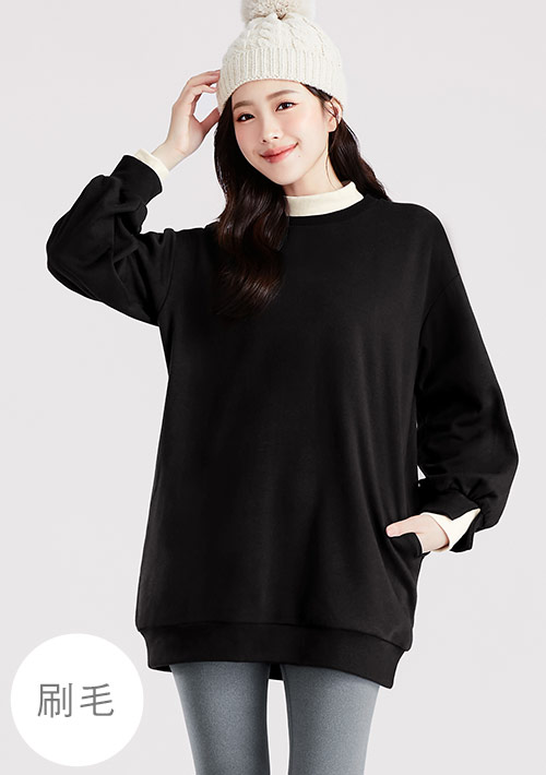 保暖.MIT永續環保材質-配色刷毛長版上衣