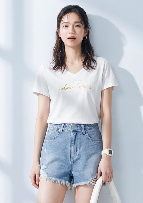 文字印花V領純棉短袖長版上衣