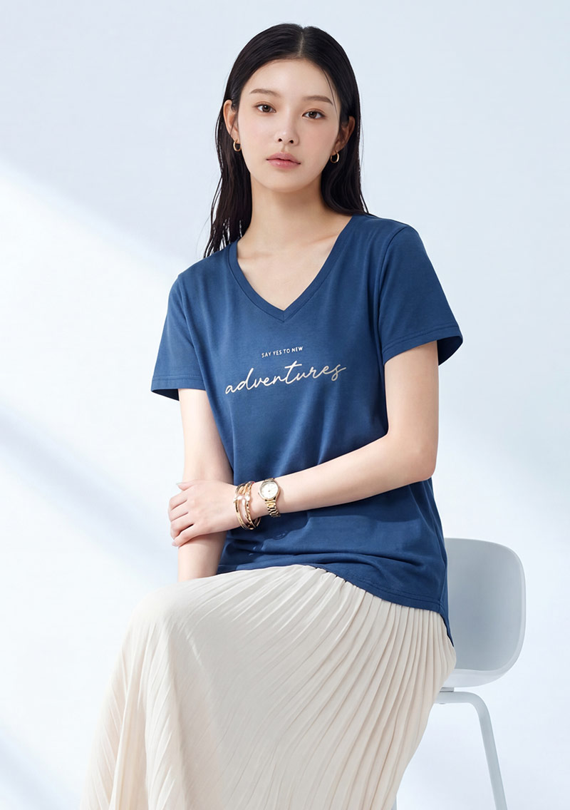 文字印花V領純棉短袖長版上衣