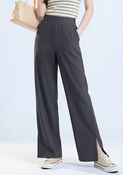 視覺顯瘦坑條側開衩直筒長褲