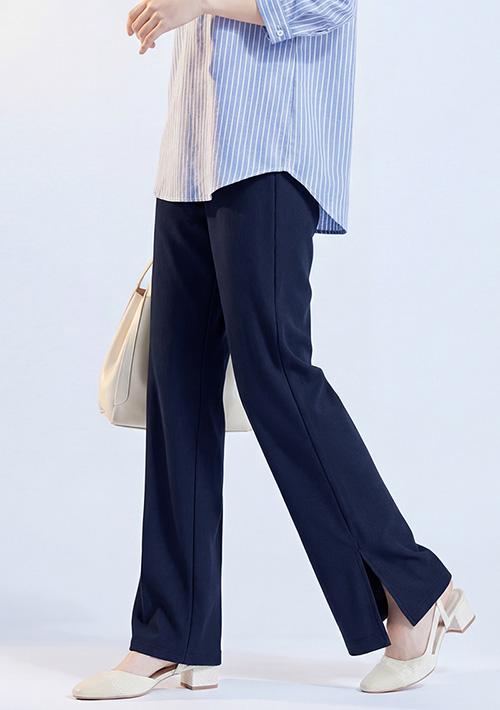 視覺顯瘦坑條側開衩直筒長褲