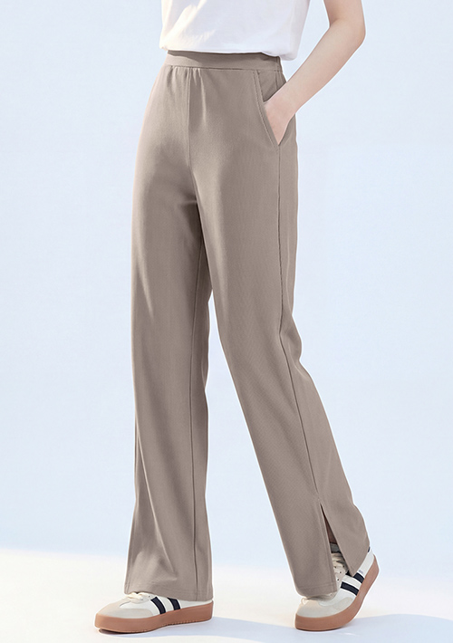 視覺顯瘦坑條側開衩直筒長褲