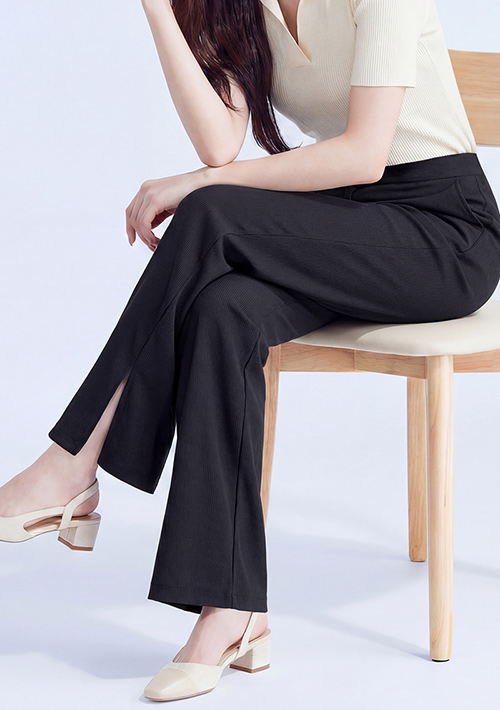 視覺顯瘦坑條側開衩直筒長褲