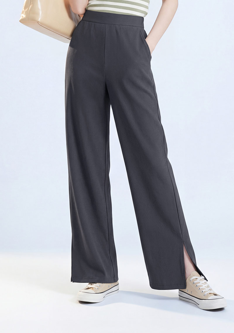 視覺顯瘦坑條側開衩直筒長褲