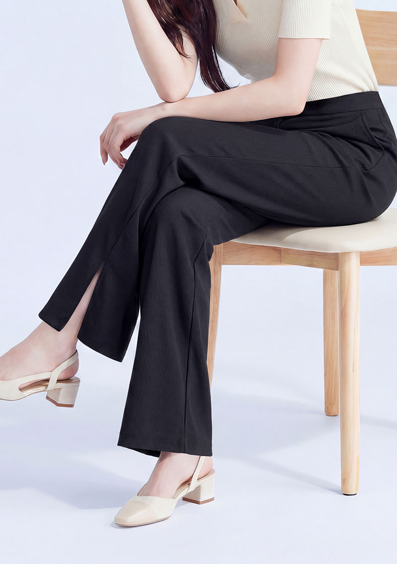 視覺顯瘦坑條側開衩直筒長褲