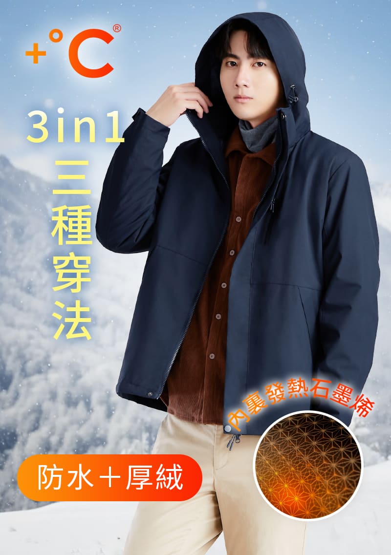 +℃ 全能3in1-石墨烯厚絨防潑水防寒征鋒外套-男裝
