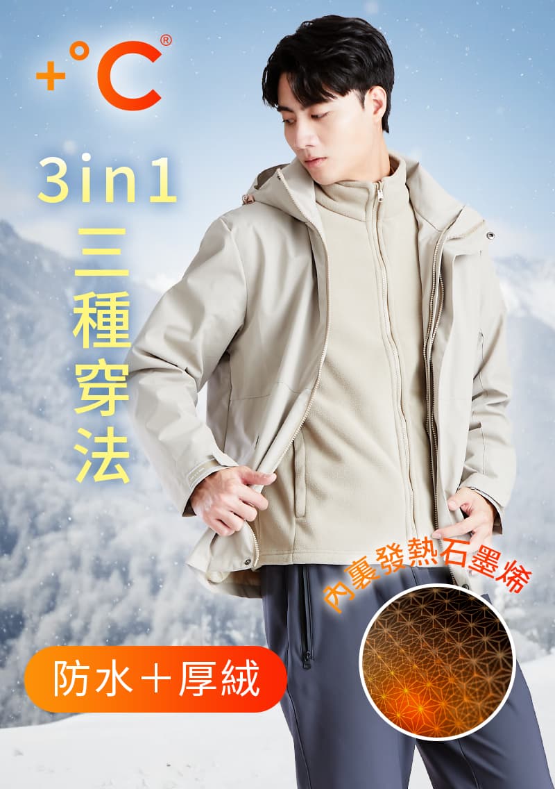 +℃ 全能3in1-石墨烯厚絨防潑水防寒征鋒外套-男裝