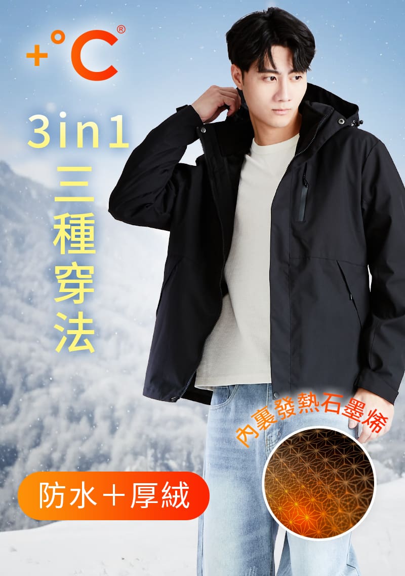 +℃ 全能3in1-石墨烯厚絨防潑水防寒征鋒外套-男裝