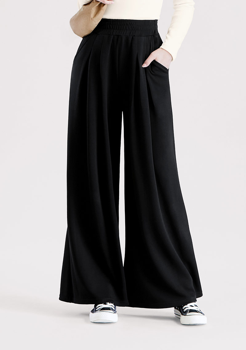 法式壓褶輕氧棉闊腿褲