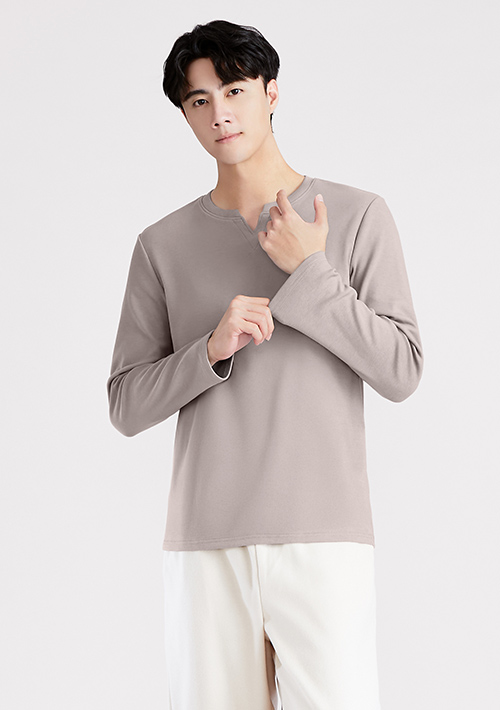 高磅棉質磨毛小V領長袖上衣-男裝