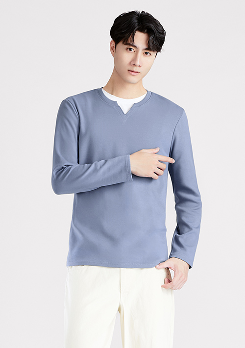 高磅棉質磨毛小V領長袖上衣-男裝