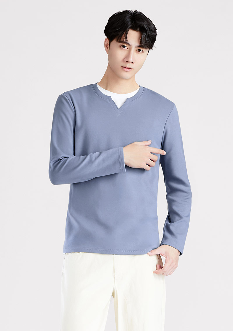 高磅棉質磨毛小V領長袖上衣-男裝