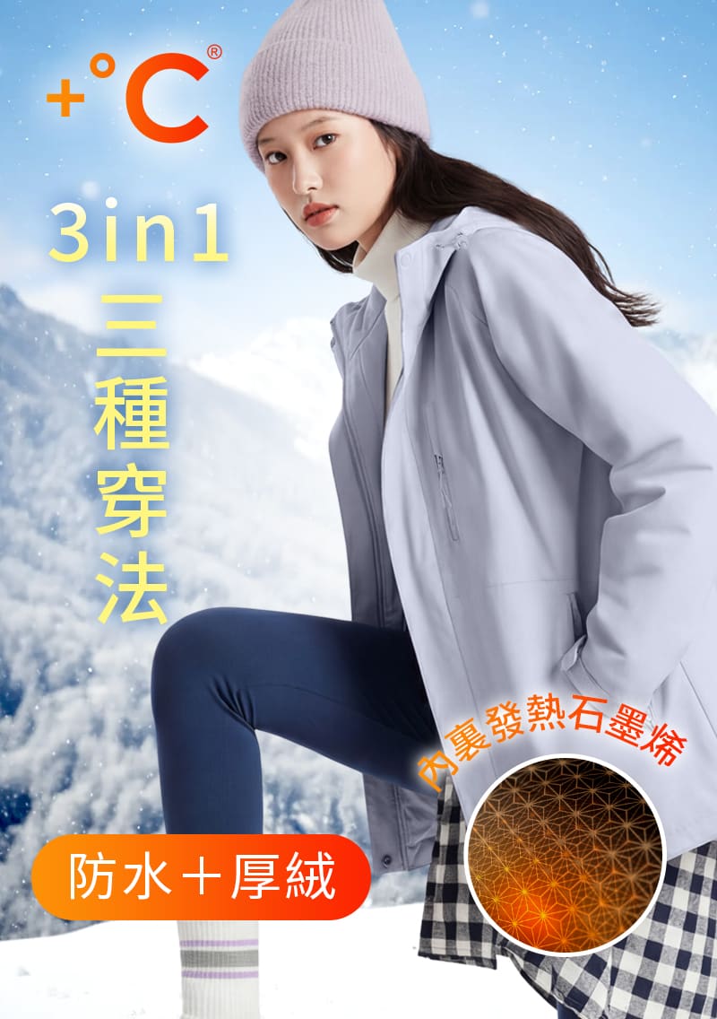 +℃ 全能3in1-石墨烯厚絨防潑水防寒征鋒外套