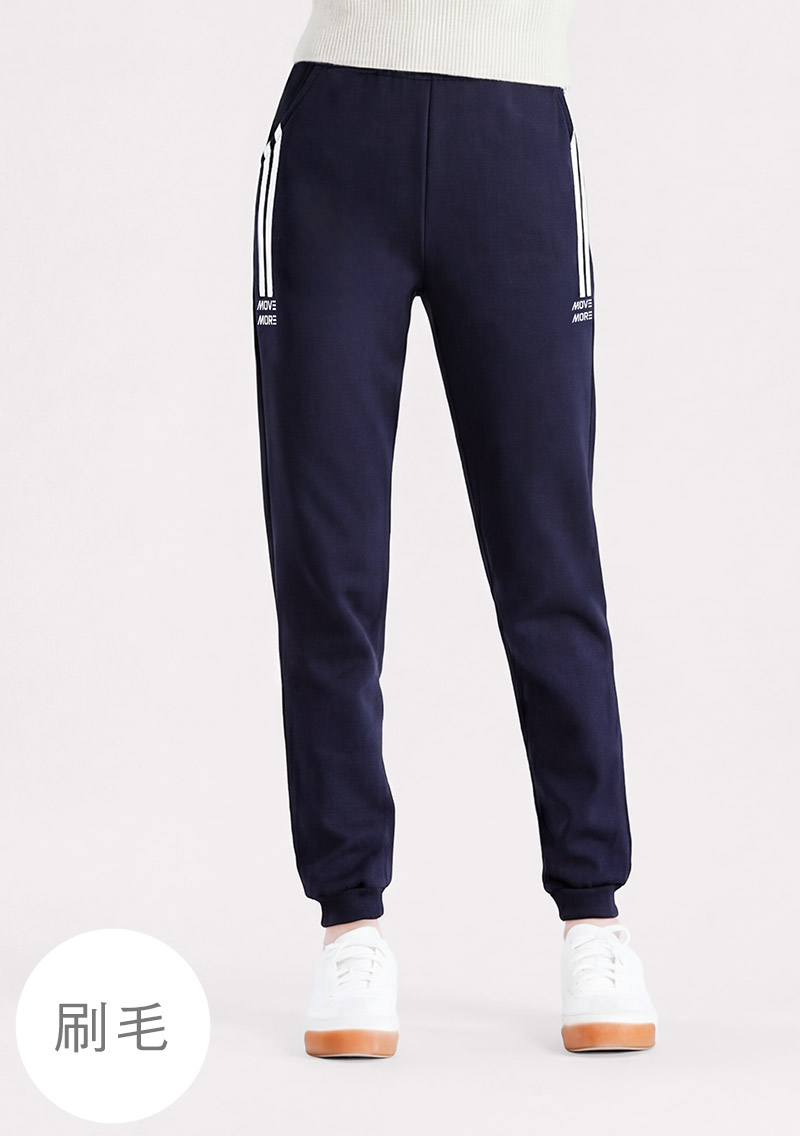 保暖.MIT永續環保材質-條紋印花刷毛束口褲