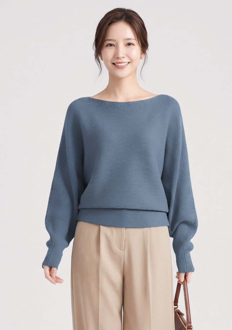 一字領連袖針織衫