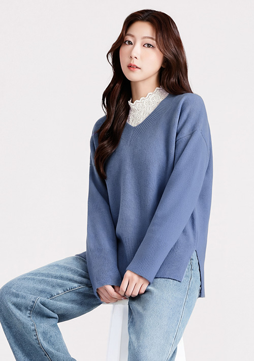 V領側開衩毛衣