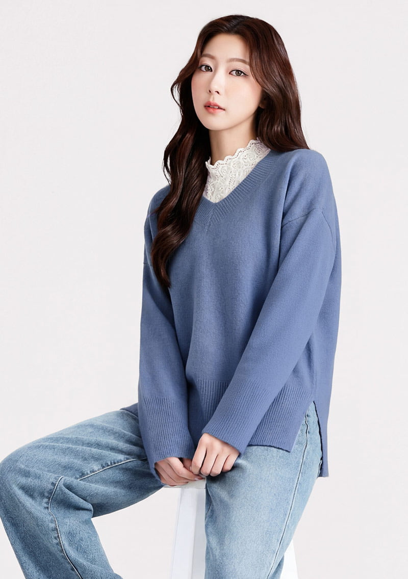 V領側開衩毛衣
