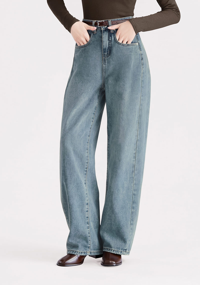 自然水洗繭型牛仔褲