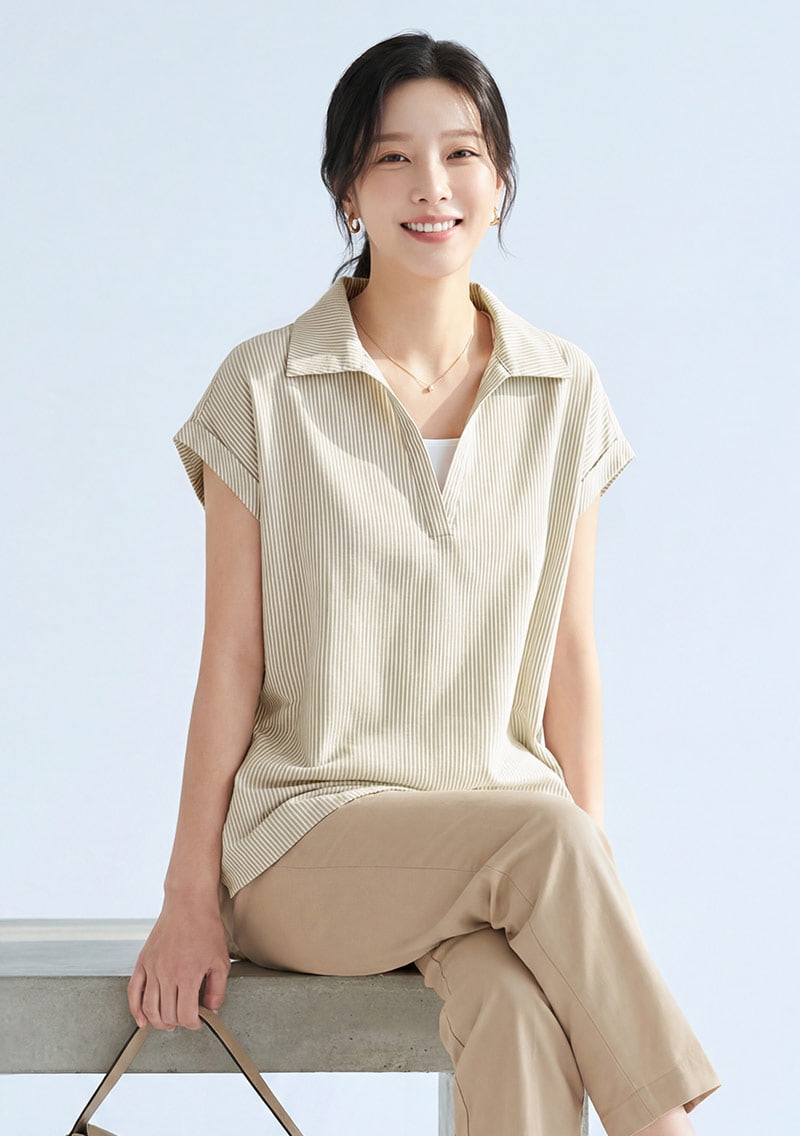 假兩件法式袖條紋襯衫