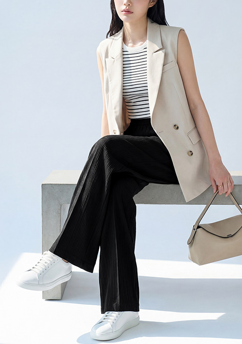 顯瘦垂感細褶寬褲