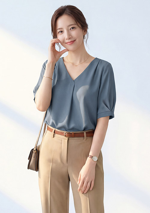 壓褶V領雪紡上衣