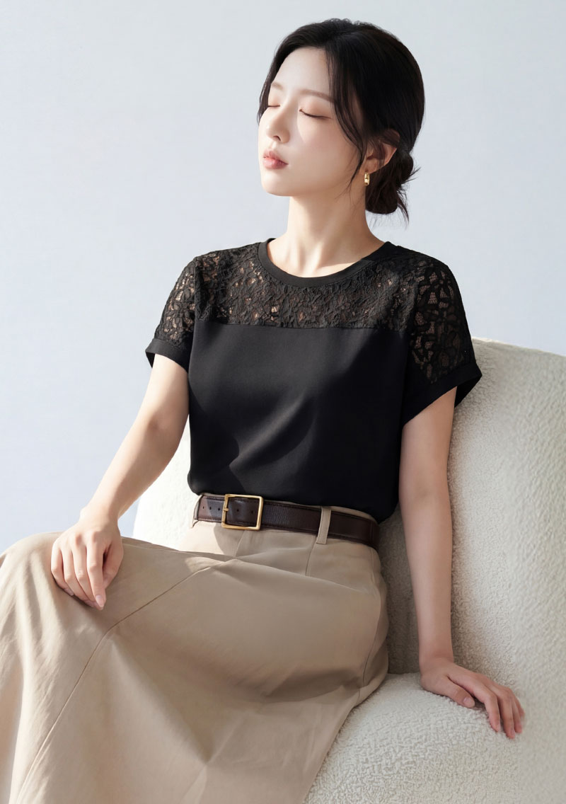 特級四面彈性蕾絲法式袖上衣