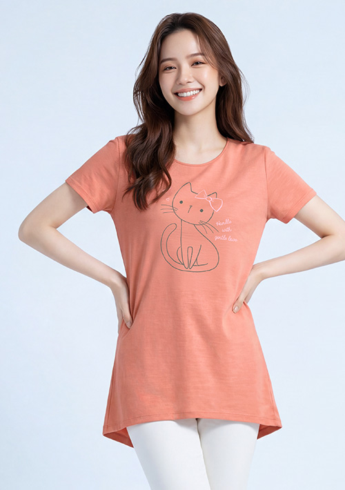 竹節棉貓咪印花短袖長版上衣