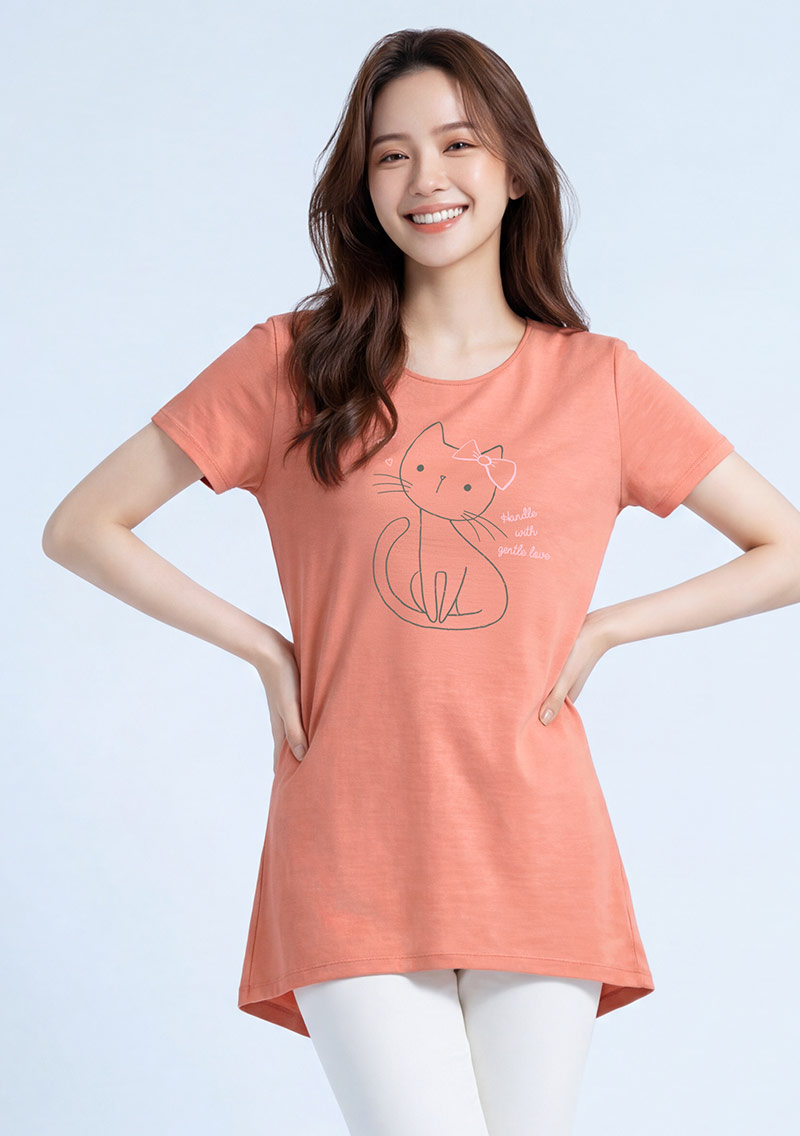 竹節棉貓咪印花短袖長版上衣