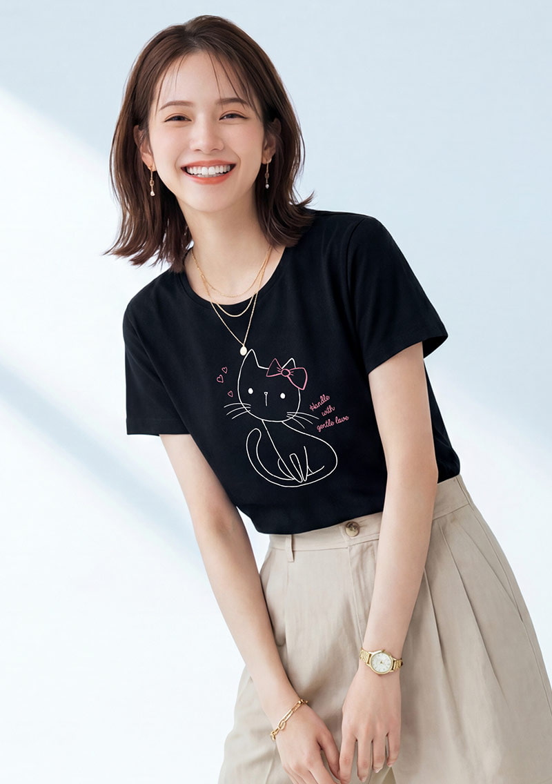 竹節棉貓咪印花短袖長版上衣