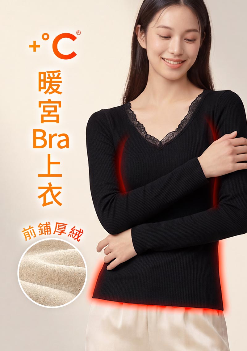 +℃ 厚絨暖宮V領蕾絲發熱Bra上衣