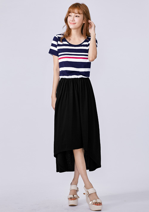 條紋前短後長洋裝深藍 衣芙